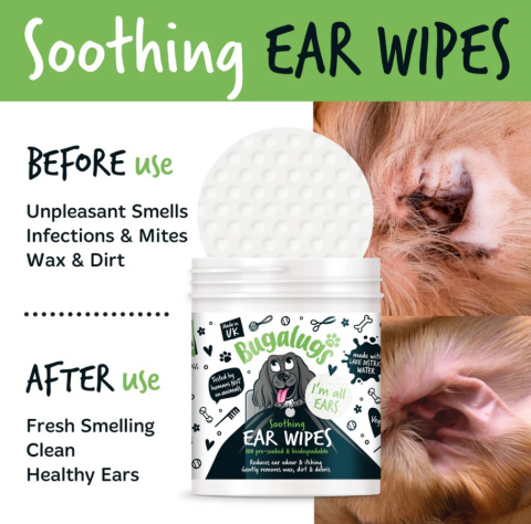 Bugalugs Soothing Ear Wipes 100szt. - biodegradowalne waciki do czyszczenia uszu psa Bugalugs Soothing Ear Wipes 100szt. - biodegradowalne waciki do czyszczenia uszu psa