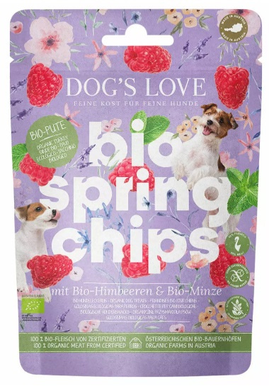 DOG'S LOVE Bio Springs Chips Pute - wiosenne przysmaki z indyka ekologicznego z malinami i miętą (150g) DOG'S LOVE Bio Springs Chips Pute - wiosenne przysmaki z indyka ekologicznego z malinami i miętą (150g)