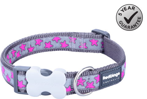 Red Dingo Design Hot Pink Stars on Cool Grey rozmiar S - kolorowa obroża dla psa