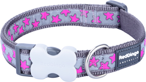 Red Dingo Design Hot Pink Stars on Cool Grey rozmiar S - kolorowa obroża dla psa