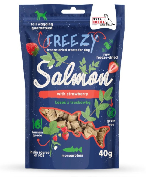 Liofilizowane przysmaki dla psa Łosoś z truskawką FREEZY 40g Liofilizowane przysmaki dla psa Łosoś z truskawką FREEZY 40g