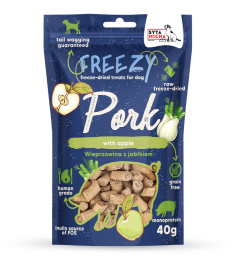 Liofilizowane przysmaki dla psa Wieprzowina z jabłkiem FREEZY 40g Liofilizowane przysmaki dla psa Wieprzowina z jabłkiem FREEZY 40g